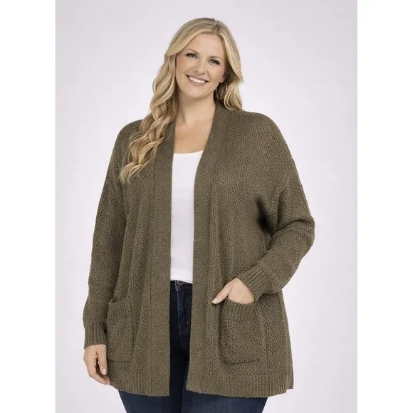 ChicSoul Women's Plus Size Olive Green Open Front Knit Cardigan w Pockets - Picture 2 of 7